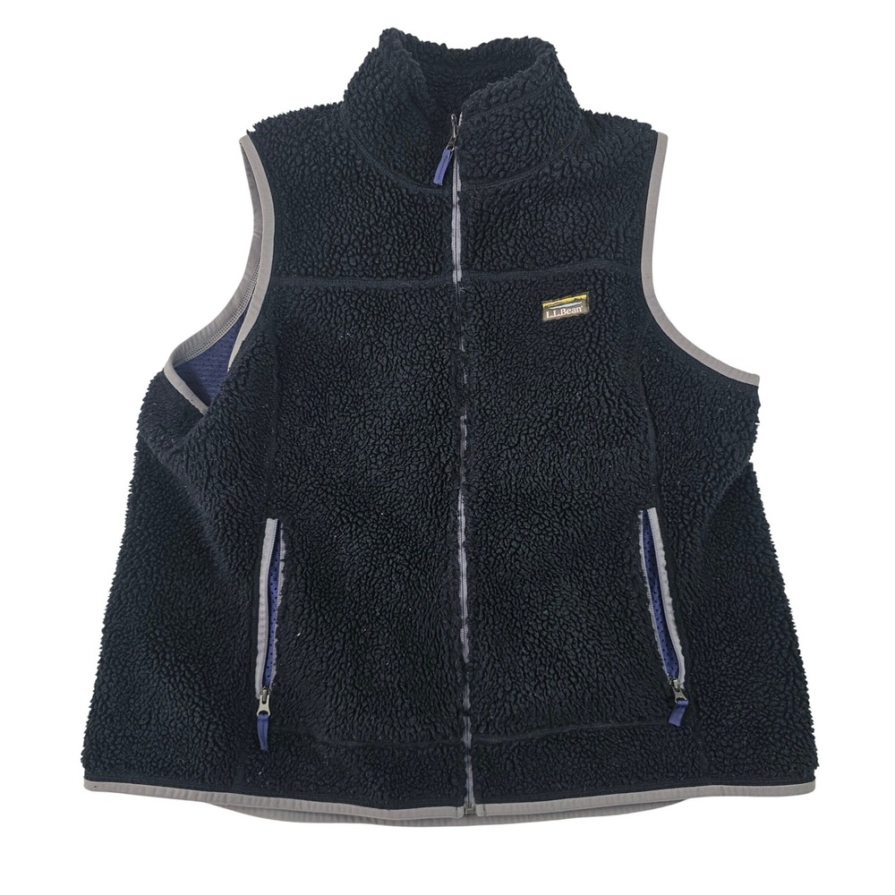 LL Bean Mens Sherpa Fleece Vest Navy Blue Full Zip Katahdin Logo Mock Neck Large